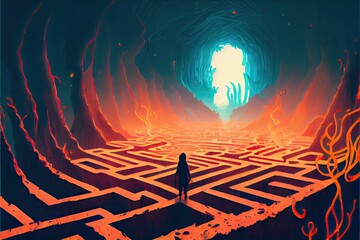 Concept fantasy illustration showing a man standing in the middle of a destroyed maze, anime - generative ai