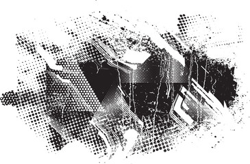 Glitch distorted grungy isolated banner . Design element for brochure, social media, posters, flyers. Overlay texture.Textured banner with Distress effect .Vector halftone dots . Screen print texture