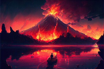 Fantasy world scenery showing a boy rowing a boat in a volcanic land, fantasy, anime - generative ai