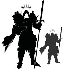 A black sinister silhouette of a knight with a two-handed sword in heavy plate armor, he has a hood and a torn cloak, as well as a book in his hand with a spiked halo over his head. 2d art.