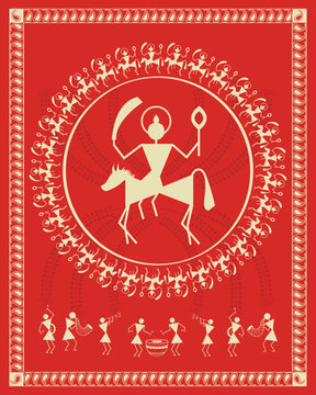 Vishnu Kalaki Avatar in warli art. painting, illustration of indian Traditional warli drawing.