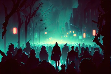 Concept illustration of a zombie crowd walking at night, anime, fantasy - generative ai