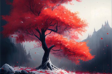 Red autumn tree in winter, fantasy - generative ai