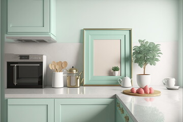 blank photo frame in kitchen minimalist design,pastel colour palette, Made by AI,Artificial intelligence