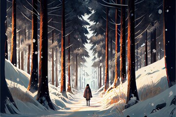 A man traveling in a snowy forest, fantasy, anime - generative ai