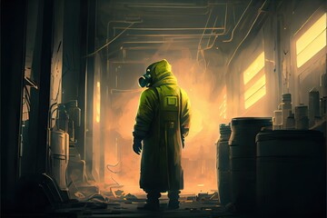 Fototapeta premium Man with gas mask and anti-radiation suit in an abandoned factory, anime, fantasy - generative ai
