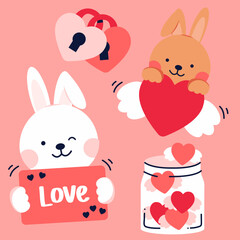 Rabbit Vector freehand valentine illustration background. Cover, banner with quote happiness is a jat of love hand drawn doodles.