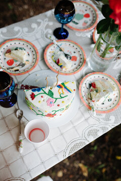 Festive table  with cake on birthday party 
