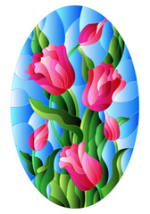 Illustration in stained glass style with a bouquet of colorful tulips on a blue background, oval image