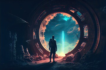 Fototapeta na wymiar A man standing in a field Infront of a futuristic sci-fi temporal gate, fantasy, anime - generative ai