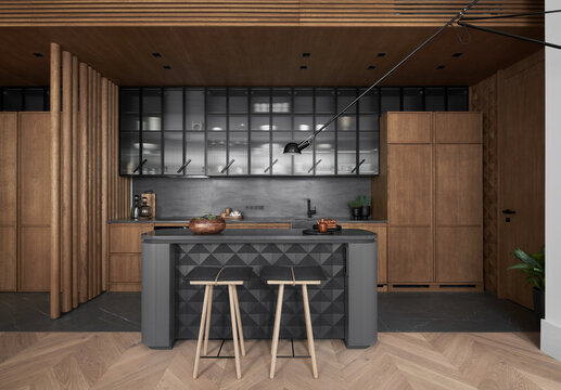 Modern kitchen design in black and wood