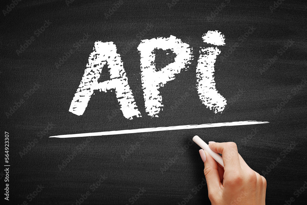 Poster API Application Programming Interface - connection between computers or between computer programs, acronym text on blackboard