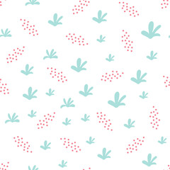 Seamless pattern of primitive simple elements, leaves, plants, dots. Print for fabric, wallpaper, children's clothing, decor, cover. vector illustration.