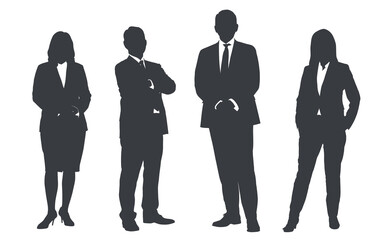 Business people group gray silhouettes pose on white background, flat line vector and illustration.