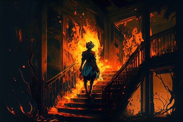 The super human torch walking down the stairs in an abandoned mansion, fantasy, anime - generative ai