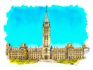 Obraz premium Built in the Gothic Revival style, Center Block is the main building of the Canadian Parliament complex on Parliament Hill, in Ottawa, Ontario, watercolor sketch illustration.