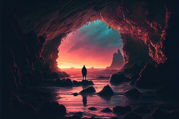 A man walking in the sea cave at sunset, fantasy, anime - generative ai