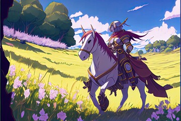 Knight riding a horse running in a meadow on a beautiful spring day, fantasy, anime - generative ai