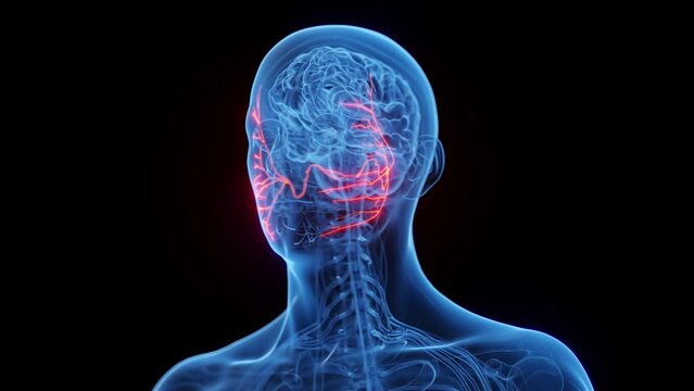3D rendered medical animation of a man's facial nerves