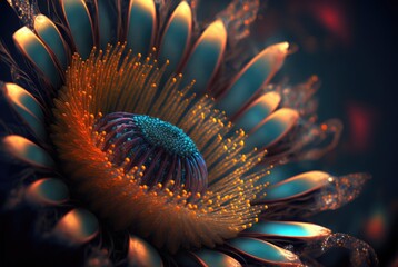 Enigmatic flower reminiscent of the Cape Proteaceae,  pointy flame petals and glowing aura. Strikingly beautiful and colorful offworld alien world flora - generative AI illustration. 