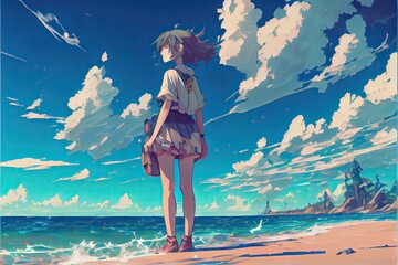 Obraz na płótnie Canvas Woman standing on the sea looking at the summer sky, anime, fantasy, generative ai