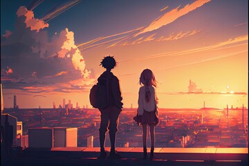 Fototapeta premium Young couple standing on top of the world looking at city and the beautiful sunset, fantasy, anime - generative ai