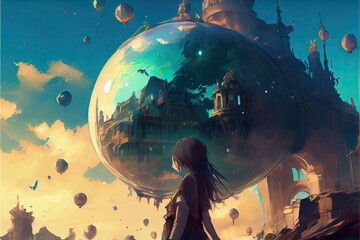 Young girl looking at a huge floating object, fantasy, anime - generative ai