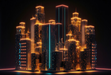 A futuristic night city in the distance glowing with neon light. Surrealistic skyscrapers. Cyberpunk, immersive world of the metaverse. 3D rendering. AI generated.