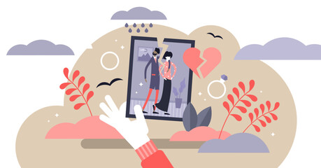 Divorce illustration, transparent background. Flat tiny relationship breakup persons concept. Marriage separation with husband and wife feeling crisis, problems and conflict.
