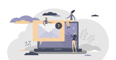 Email letter unread message with mailbox information tiny persons concept, transparent background.Inbox digital communication service illustration.