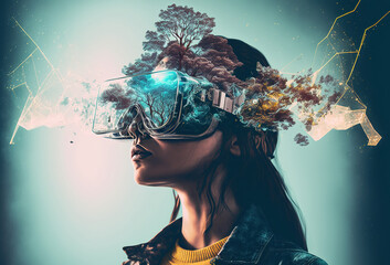 Young girl, woman with VR glasses immersed in virtual reality, surreal abstract background, double exposition. Creative art and meta-universe technology. 3D rendering. AI generated