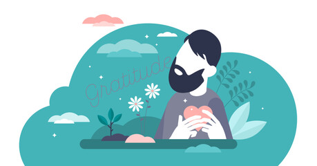 Gratitude concept, flat tiny person illustration, transparent background.Human holding heart and being in loving mind state.Thoughts about life blessings, inner spiritual growth.