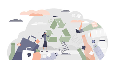 Green packaging as household plastic items and paper recycling tiny person concept, transparent background. Sustainable choice for less pollution and clean nature illustration.