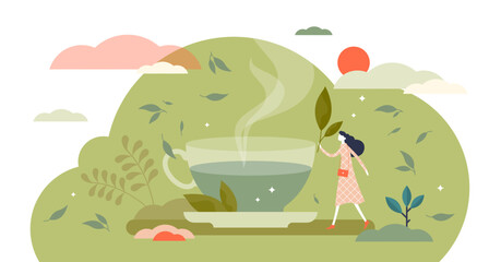 Green tea illustration, transparent background. Herbal drink in flat tiny persons concept. Hot natural beverage with ecological leaves. Organic delicious fresh morning taste.