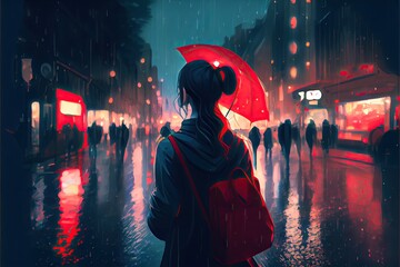 Fototapeta na wymiar Young woman holding an umbrella in the rain, walking on the street, anime, fantasy - generative ai