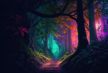 A fairytale forest, a surreal, mystical landscape. The dark trees are illuminated by multicolored psychedelic neon light. A mysterious path through the thicket. 3D rendering. AI generated. - obrazy, fototapety, plakaty