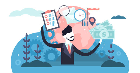 Manager illustration, transparent background. Flat tiny business job project persons concept. Symbolic office worker with finance and work organization tools.