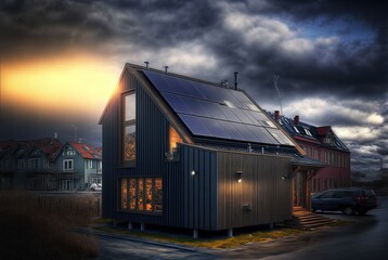 Obraz premium modern industry exterior style house in forest, made from converted shipping container has solar panel roof, beautiful nature landscape, sustainability for environmental preservation, Generative Ai