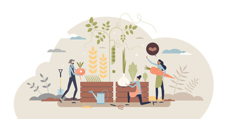 Organic farming as grow food with sustainable method tiny person concept, transparent background.Plant harvesting using green and nature friendly manure illustration.