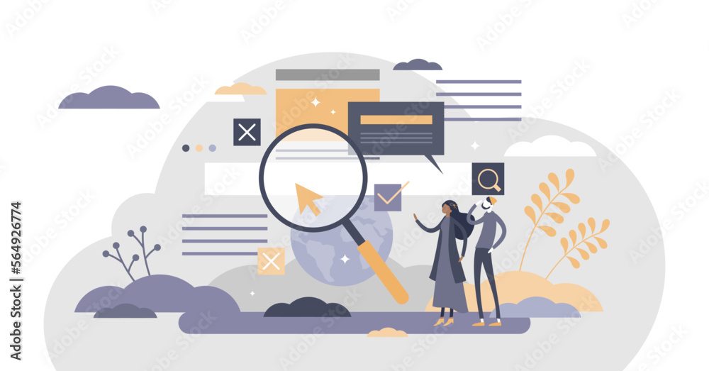 Wall mural search information online in internet websites flat tiny person concept, transparent background. fin