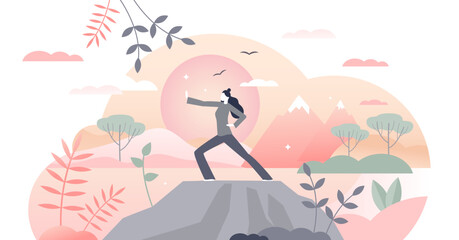Qigong practice for breathing, meditation and movement development tiny person concept, transparent background. Inner peace and energy exercise as asian traditional culture illustration.