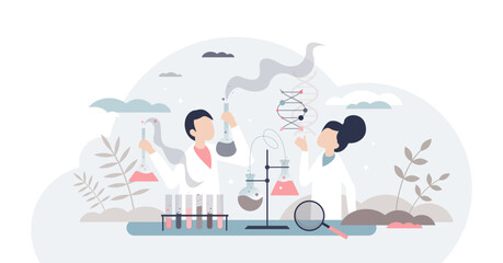 Science kids with educational laboratory for children tiny person concept, transparent background. Learning chemistry and physics by experiments in lab illustration. Scientific knowledge club.