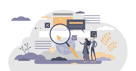 Search information online in internet websites flat tiny person concept, transparent background. Find global data using search engine optimization illustration.