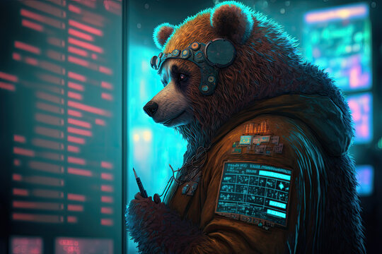Cyberpunk bear trading the stock market. 