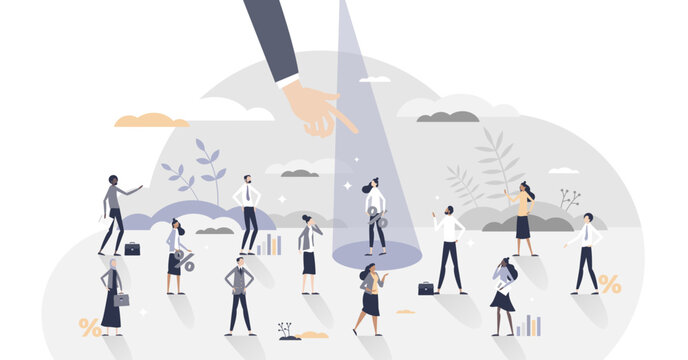 Recruitment candidate choice with spotlight to selection tiny person concept, transparent background. Best option for human resources with skills, experience and CV illustration.