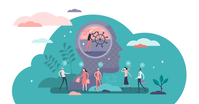 Self control concept, flat tiny person illustration, transparent background. Symbolic thought process steering and inner guidance process. Social relationships and personal growth vision.