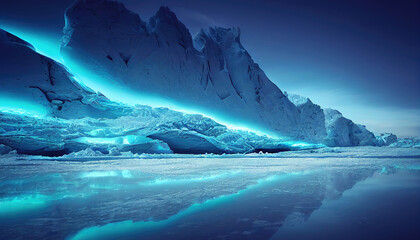 Naklejka premium A cold, desolate landscape with snow-covered terrain, towering icebergs, and ice blocks, all under a clear blue sky, creating a wintery wonderland.