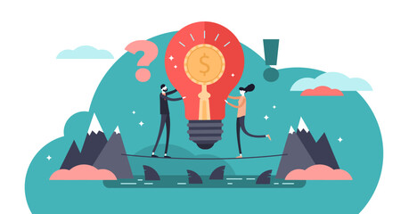 Venture capital illustration, transparent background. Flat tiny investment persons concept. Risky business with huge profit potential. Startup and new idea funding.