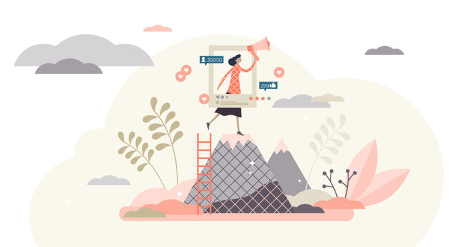 Ambassador program marketing campaign social media activity, flat tiny person concept, illustration, transparent background. Community audience announcement and attracting online attention.