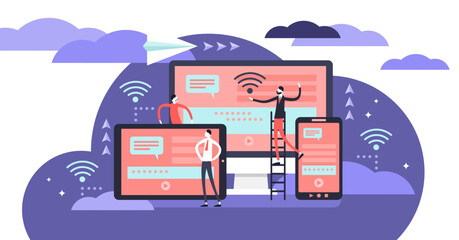 Cross platform illustration, transparent background. Flat tiny IT applications persons concept. User common technology experience on multiple wireless devices.